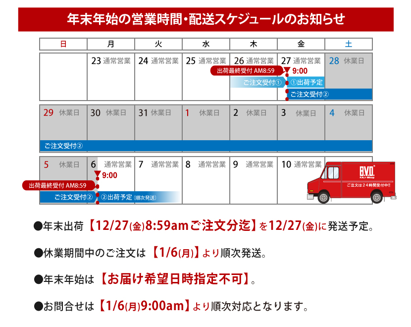 年末年始の配送スケジュール